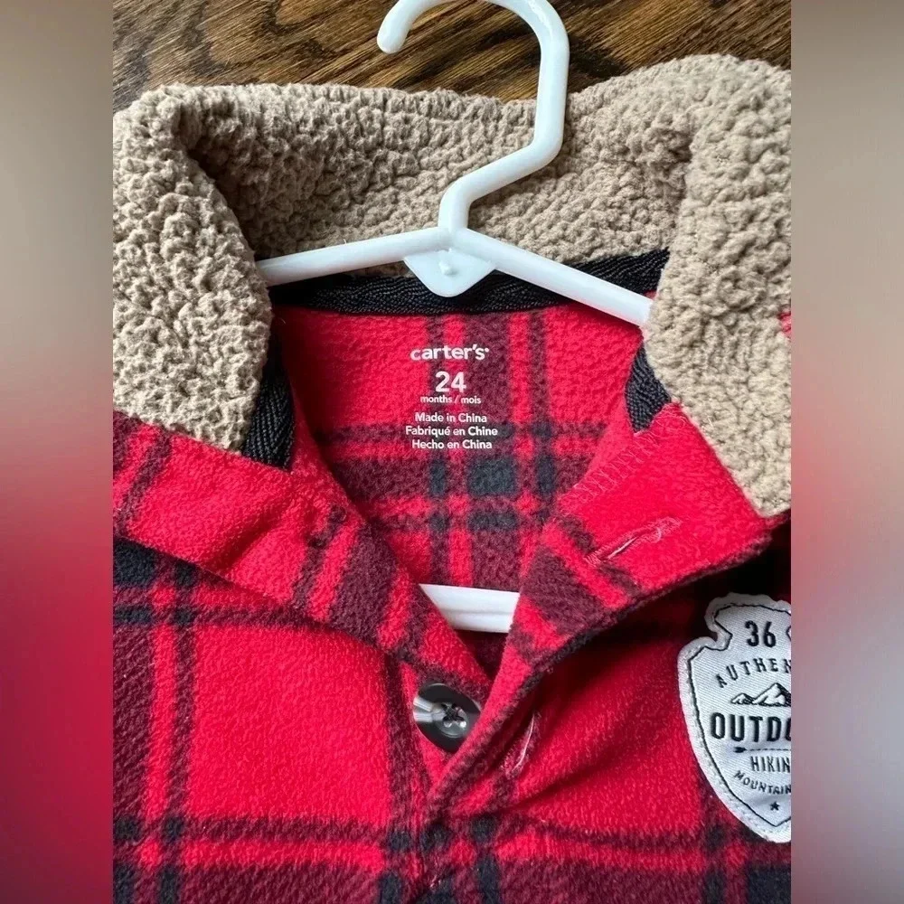 Carters Red and Black Plaid Bodysuit Warm Pajamas Size 24 Months